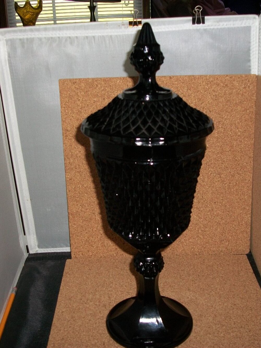 Tiara Indiana Glass Diamond Point Black Cameo Apothecary Jar
